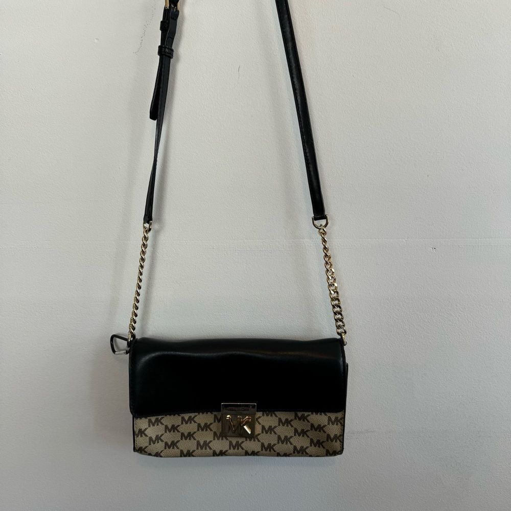 Michael Kors Crossbody Bag Black Brown MK Logo Leather Gold Chain Shoulder Bag - Picture 6 of 11